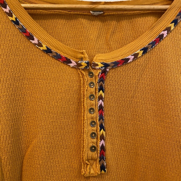 We the Free Mustard Yellow Thermal Waffle Knit with Tribal Colorful Arrows - Picture 4 of 10